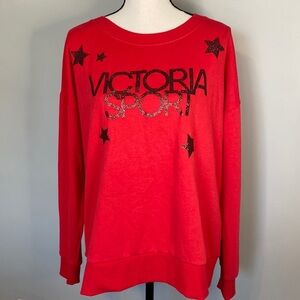 Victoria’s Secret Sport Red Sparkle Fleece Comfy Crew Neck Sweatshirt NWT